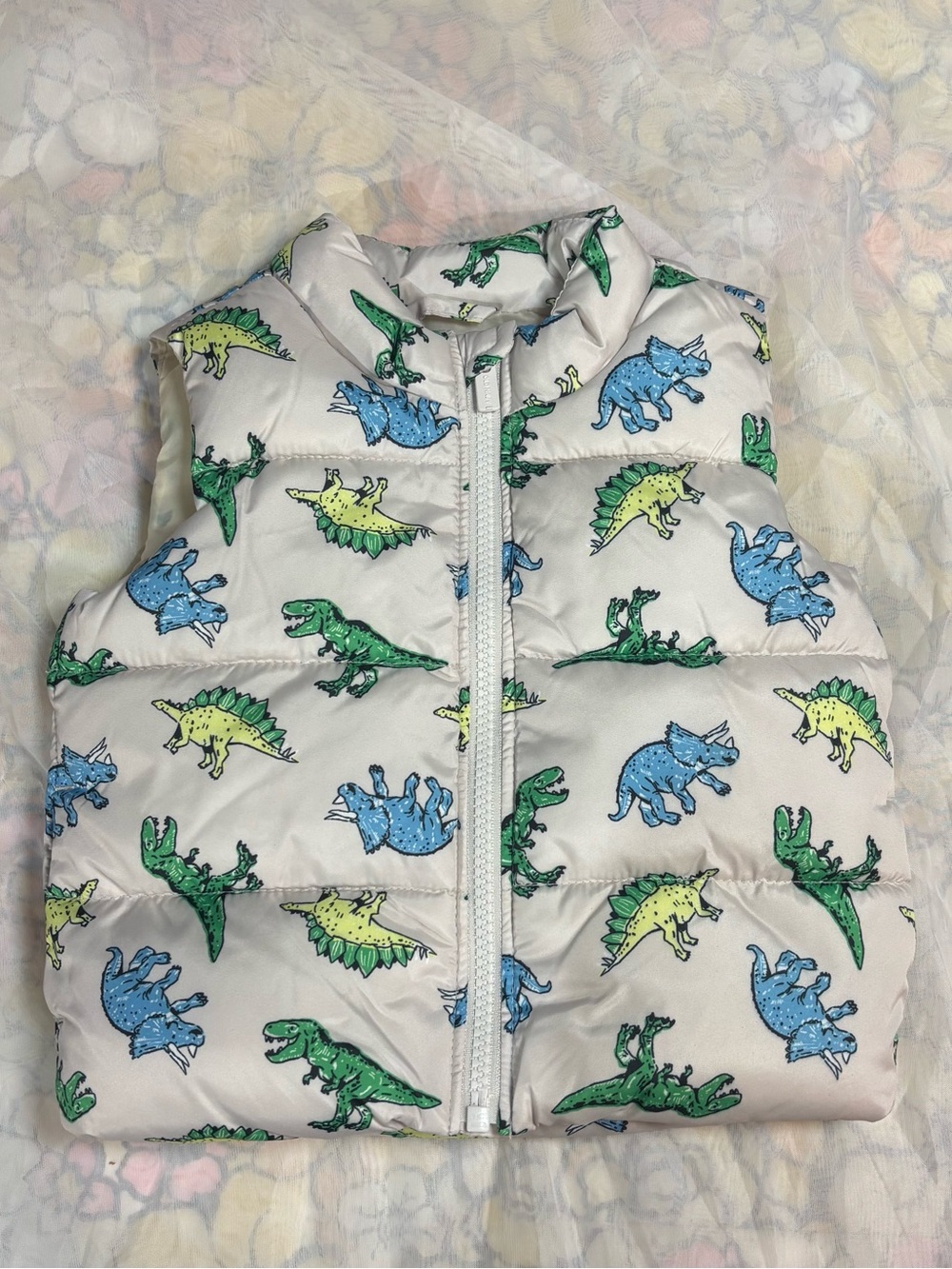 Old Navy Cream Jacket with Green, Blue and Yellow Dinosaur Print